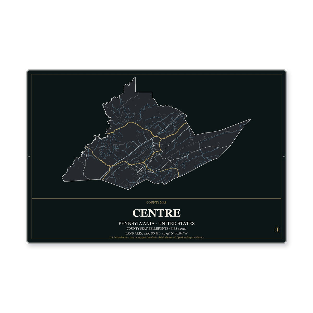 Centre County, Pennsylvania Map Aluminum Sign in Metropolitan Noir style