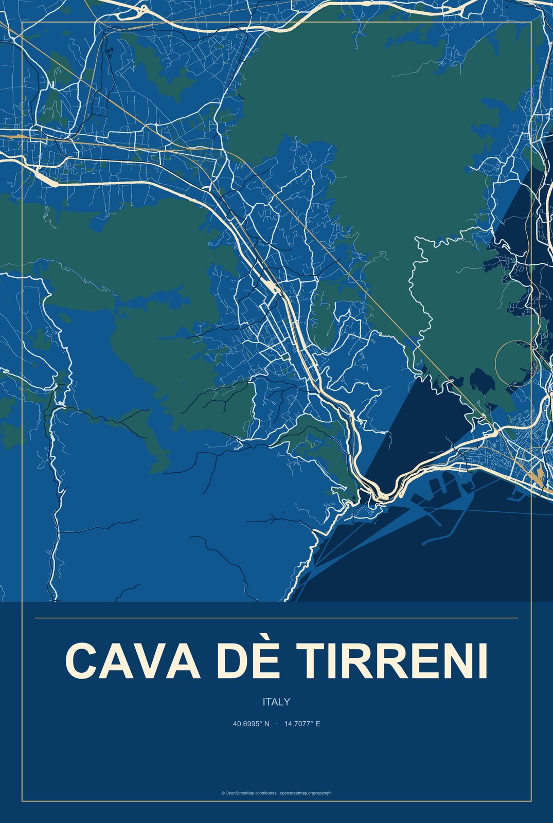 Cava Dè Tirreni, Italy City Map Aluminum Sign in Harbor Cobalt style