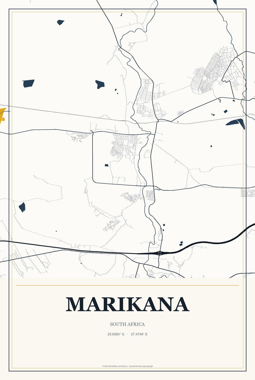 Marikana, South Africa City Map Aluminum Sign in Citrine Modern style