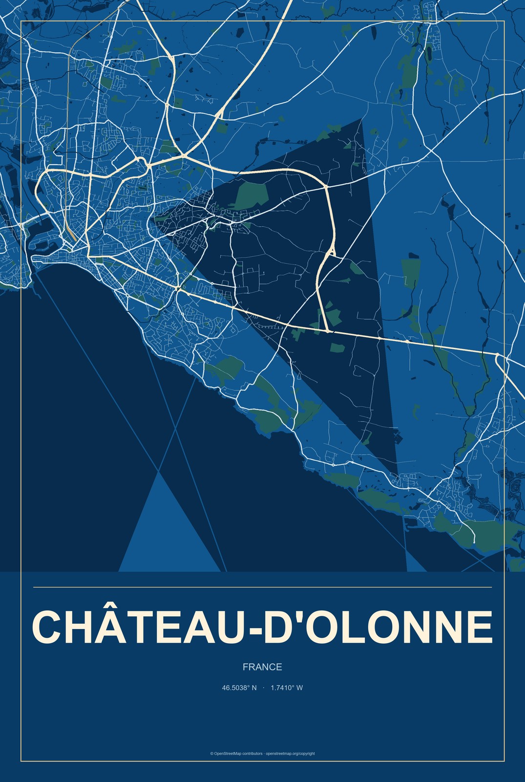 Château-d'Olonne, France City Map Aluminum Sign in Harbor Cobalt style