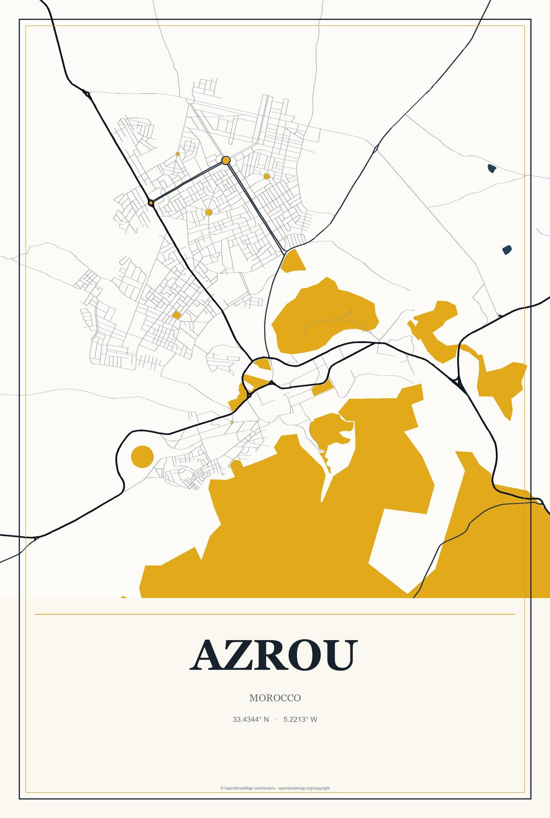 Azrou, Morocco City Map Aluminum Sign in Citrine Modern style