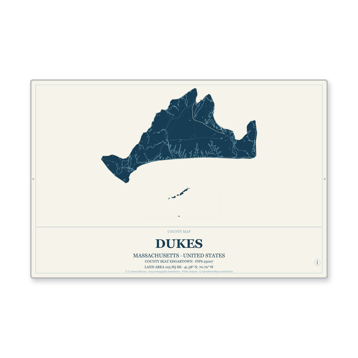 Dukes County, Massachusetts Map Aluminum Sign in Coastal Cutout style