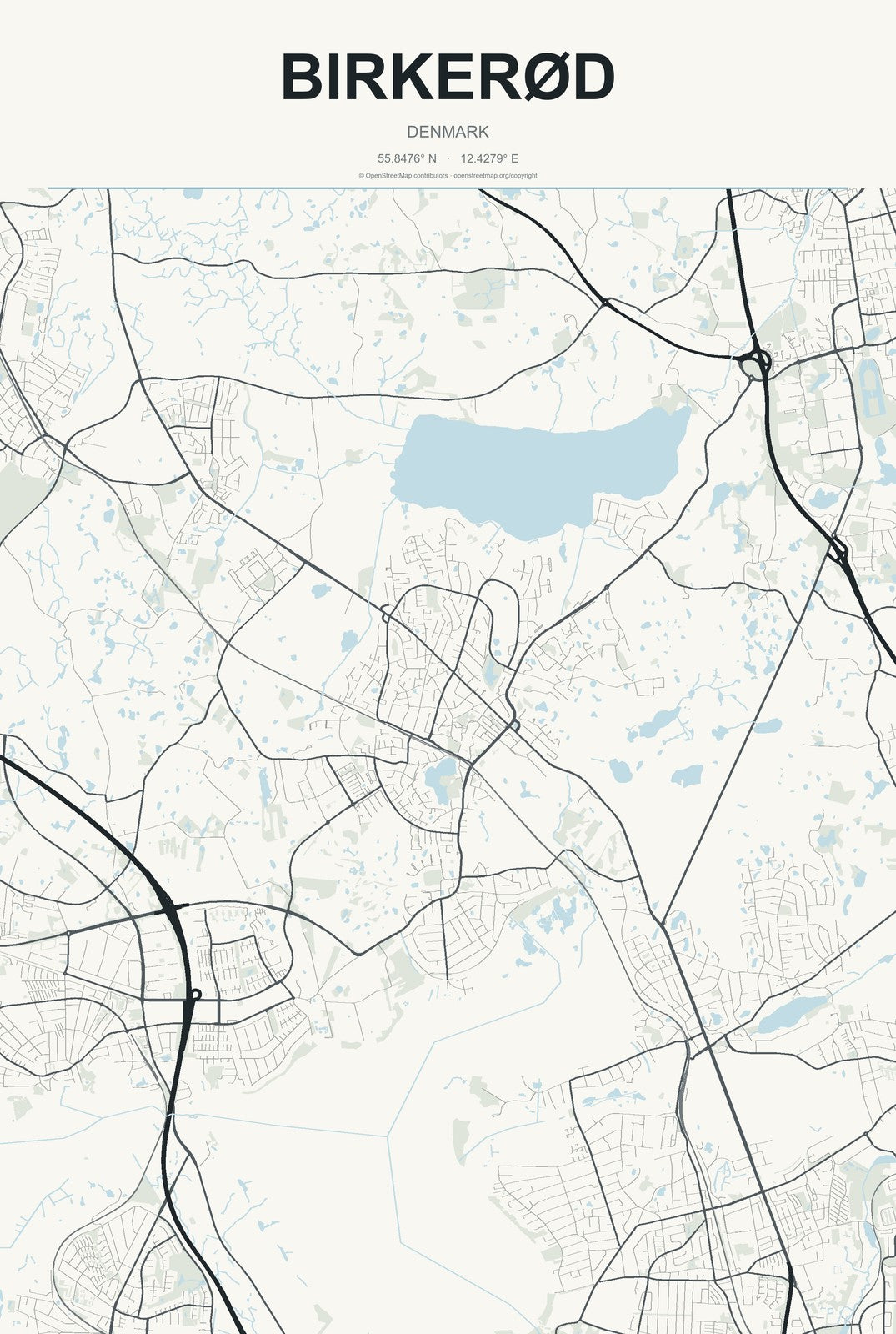 Birkerød, Denmark City Map Aluminum Sign in Headline Atlas style