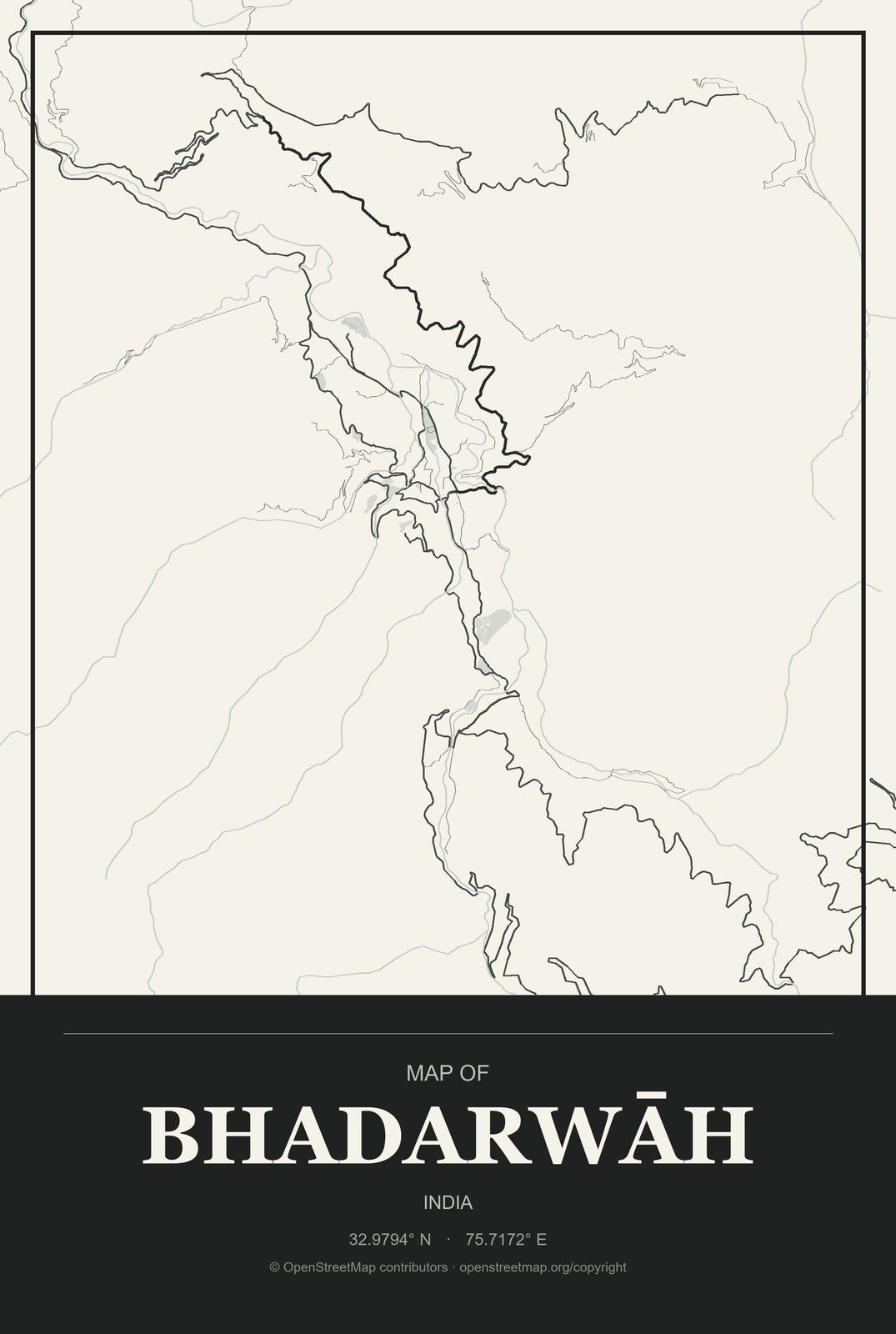 Bhadarwāh, India City Map Aluminum Sign in Museum Plaque style