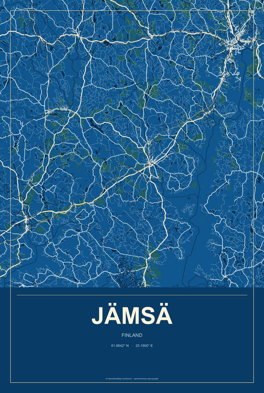 Jämsä, Finland City Map Aluminum Sign in Harbor Cobalt style