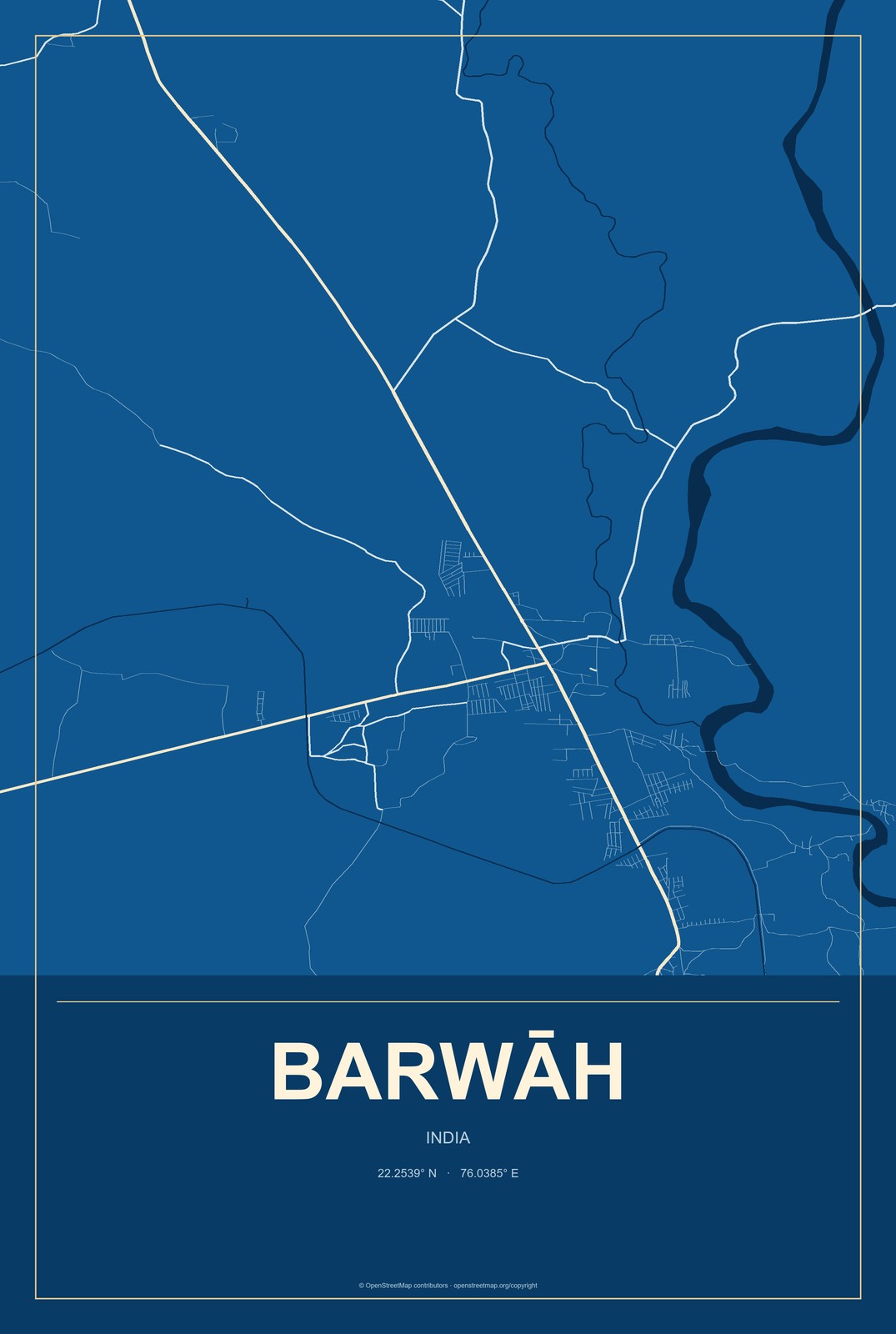 Barwāh, India City Map Aluminum Sign in Harbor Cobalt style