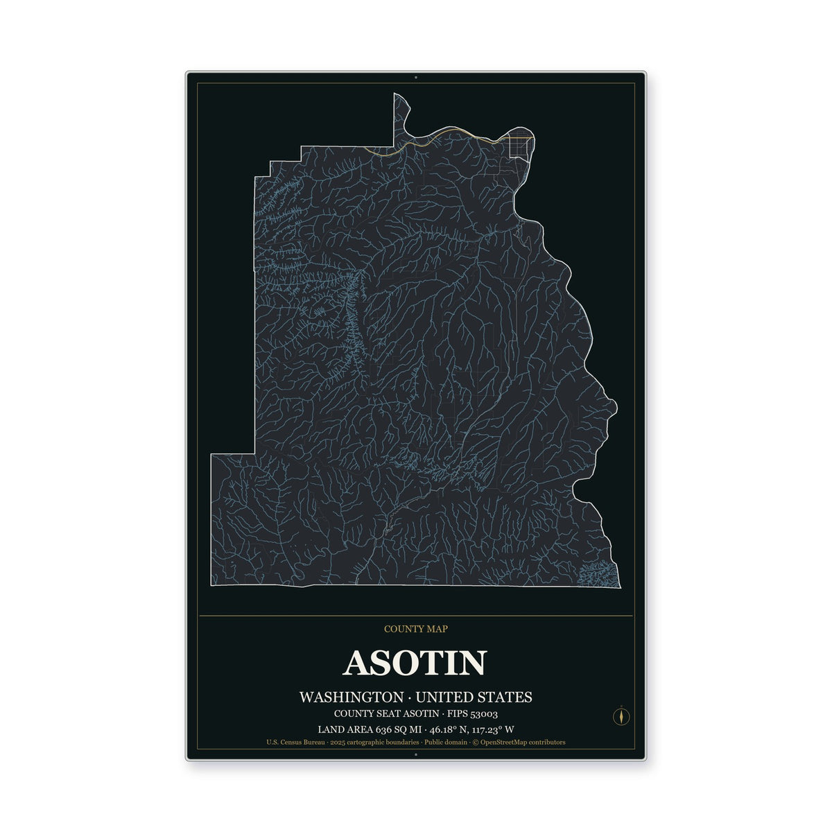 Asotin County, Washington Map Aluminum Sign in Metropolitan Noir style