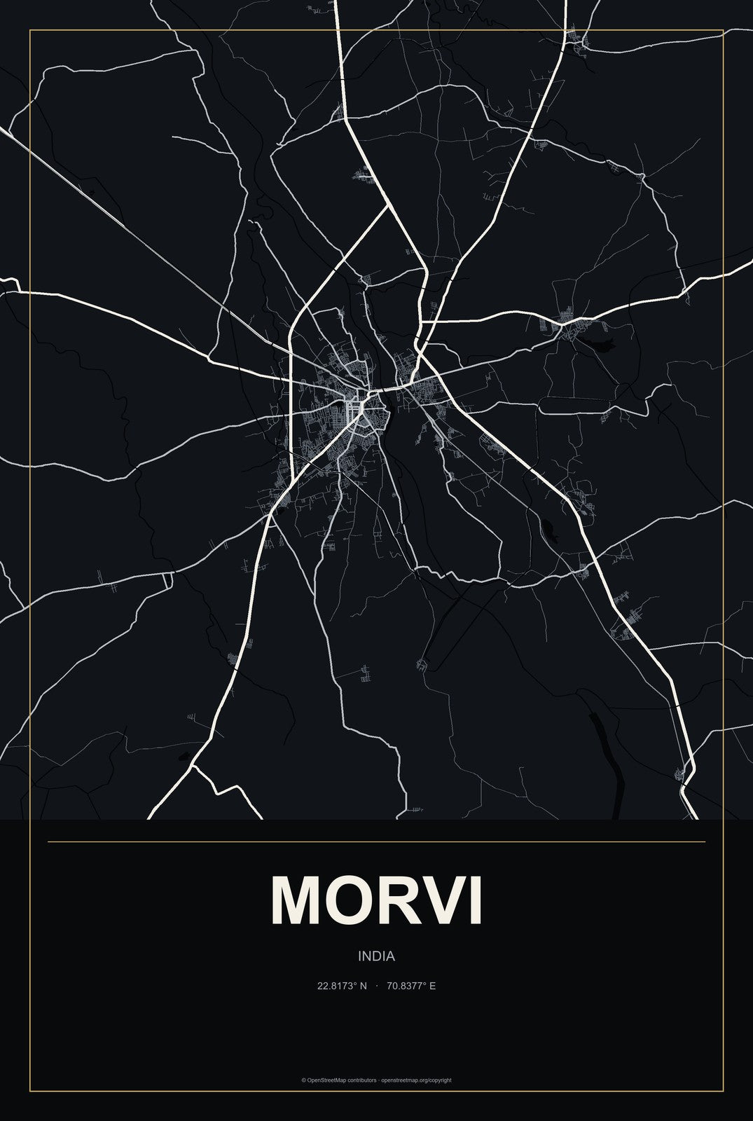 Morvi, India City Map Aluminum Sign in Metropolitan Noir style