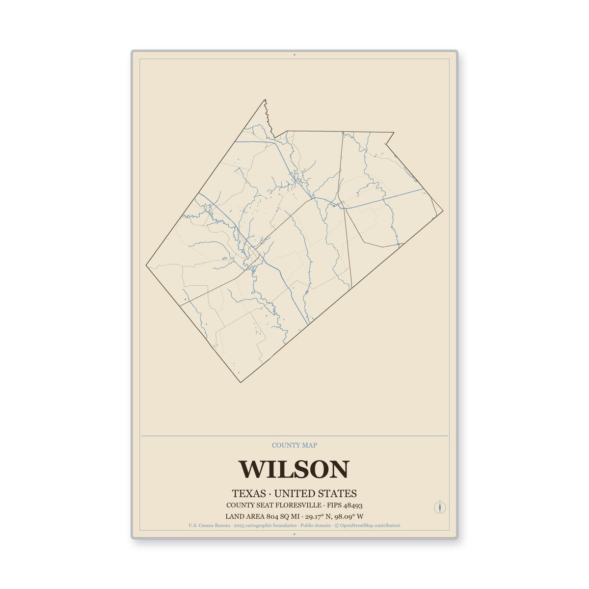 Wilson County, Texas Map Aluminum Sign in Heritage Nautical style