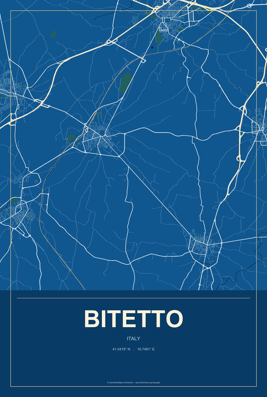 Bitetto, Italy City Map Aluminum Sign in Harbor Cobalt style