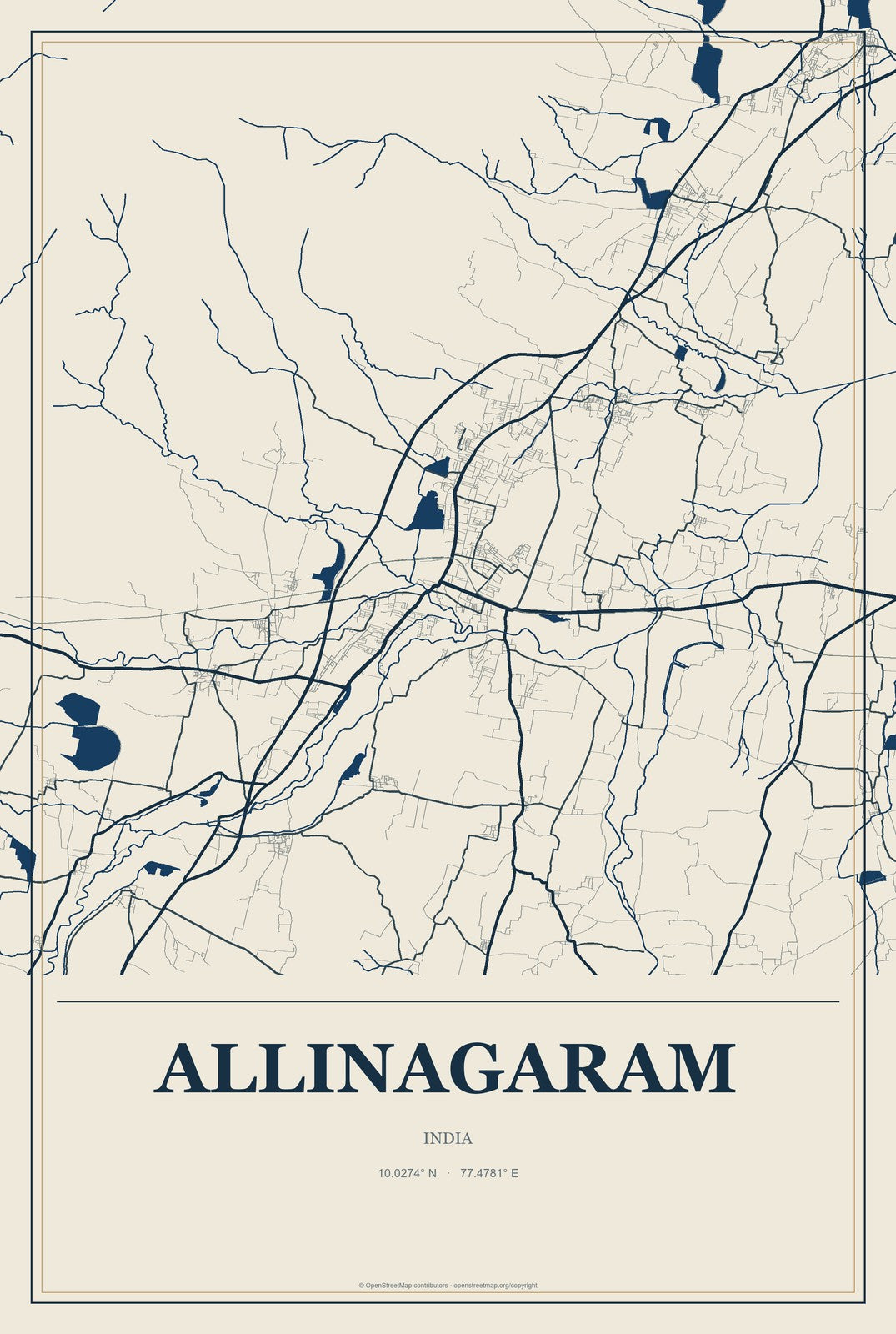 Allinagaram, India City Map Aluminum Sign in Coastal Cutout style