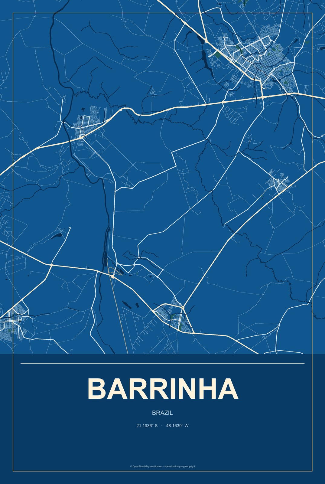 Barrinha, Brazil City Map Aluminum Sign in Harbor Cobalt style