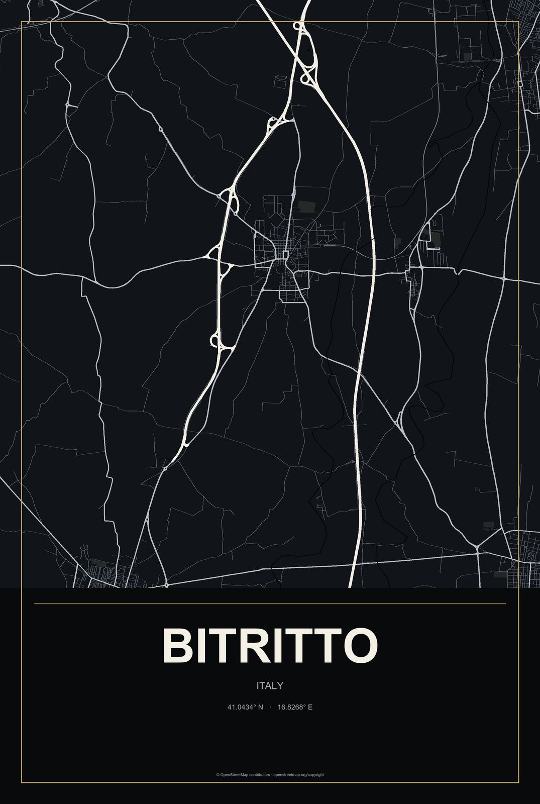 Bitritto, Italy City Map Aluminum Sign in Metropolitan Noir style