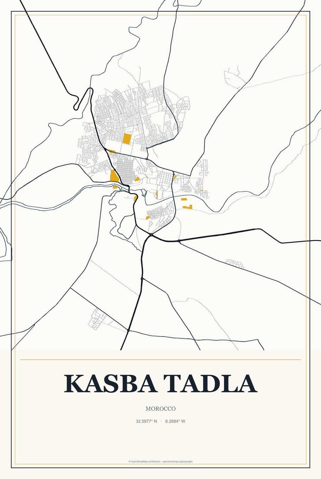 Kasba Tadla, Morocco City Map Aluminum Sign in Citrine Modern style