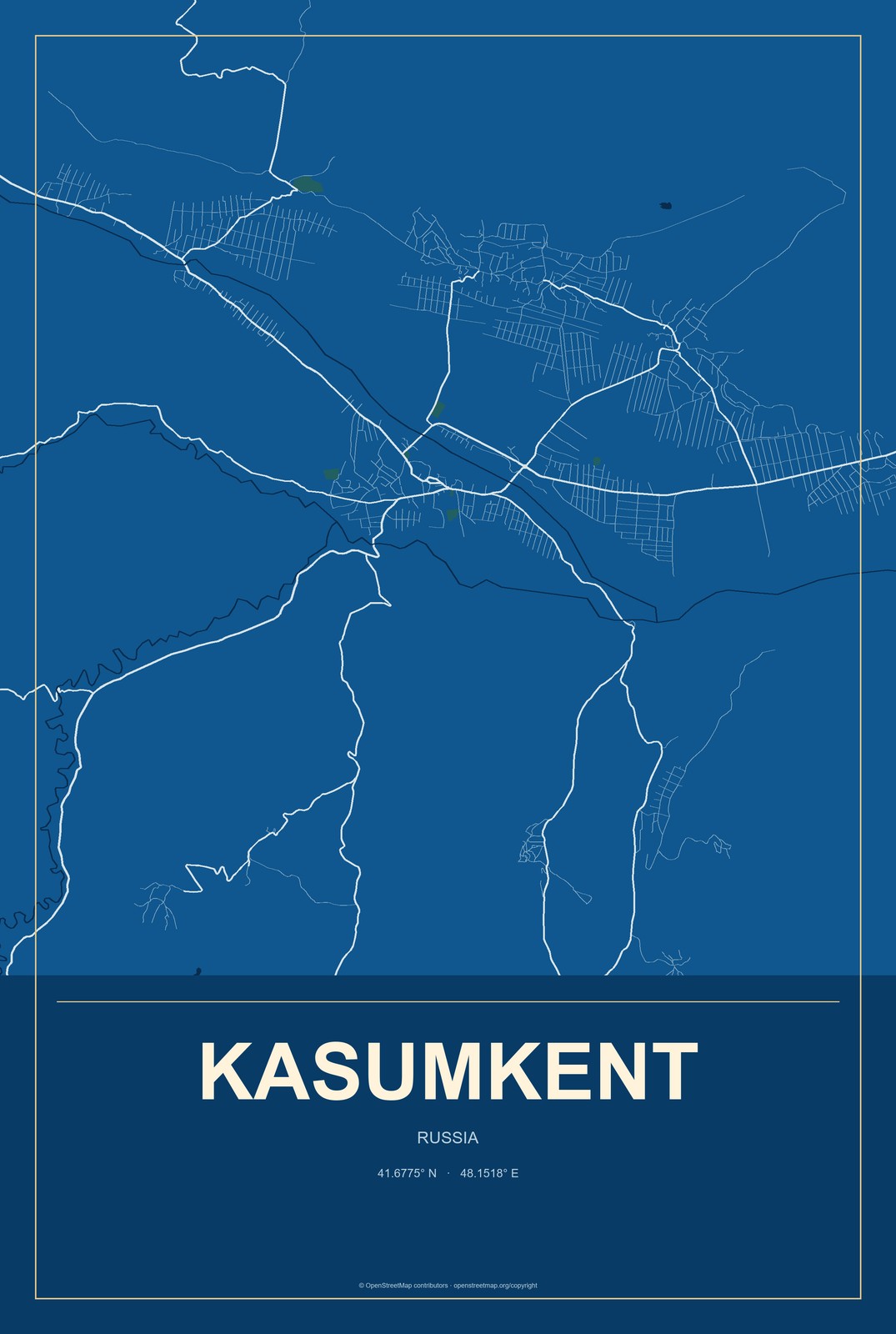 Kasumkent, Russia City Map Aluminum Sign in Harbor Cobalt style
