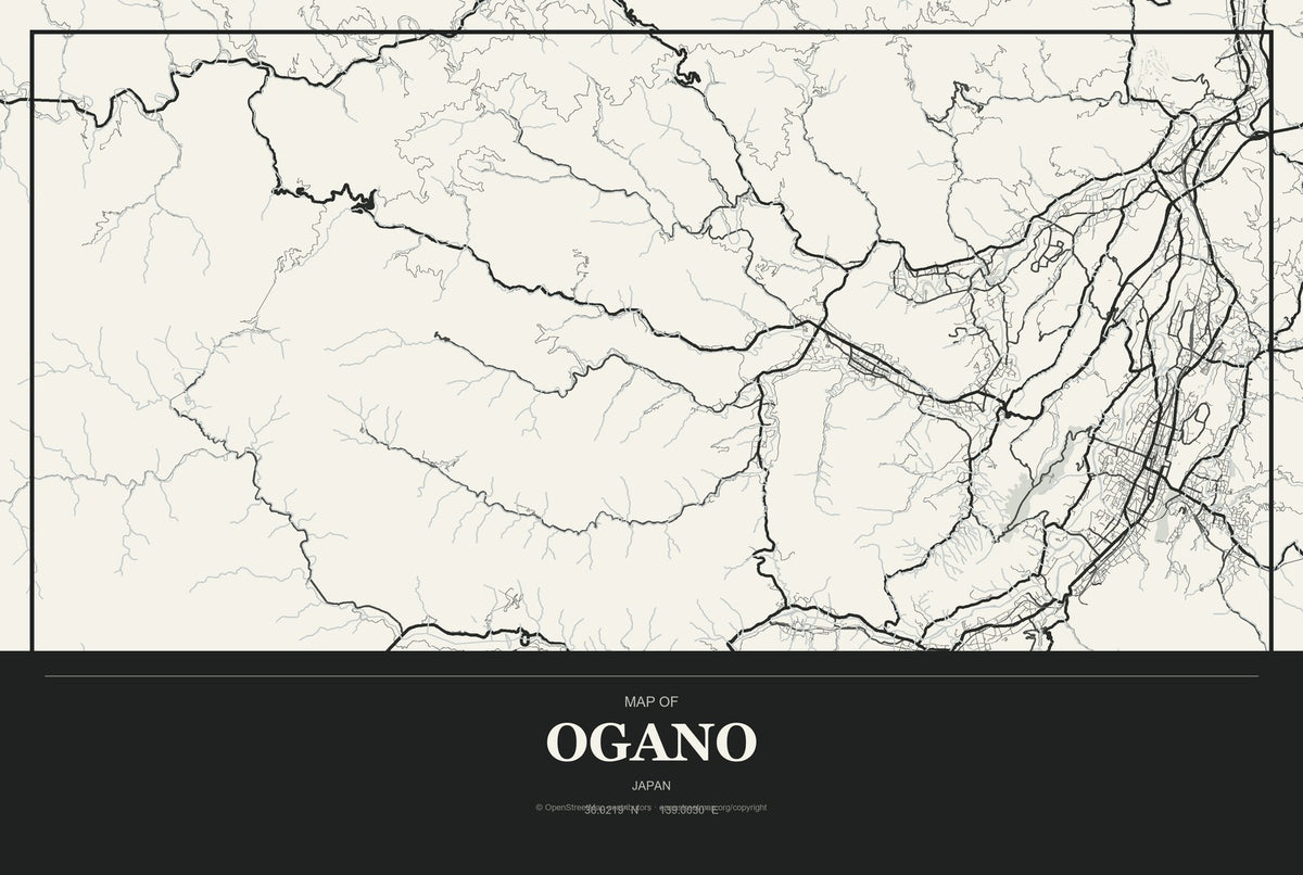 Ogano, Japan City Map Aluminum Sign in Museum Plaque style