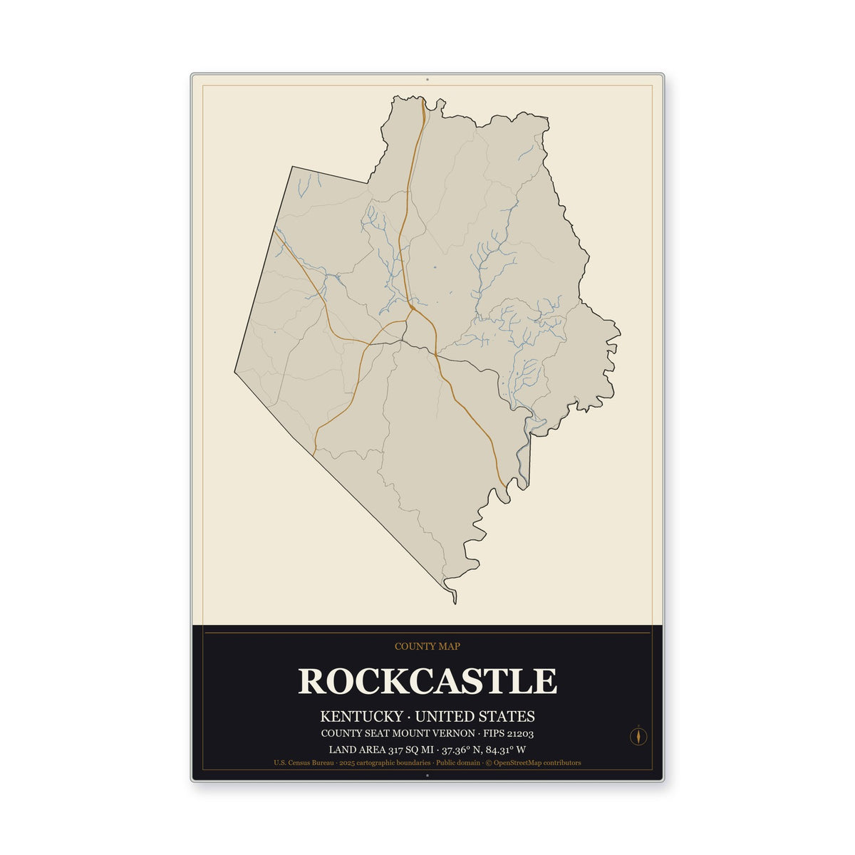 Rockcastle County, Kentucky Map Aluminum Sign in Museum Plaque style
