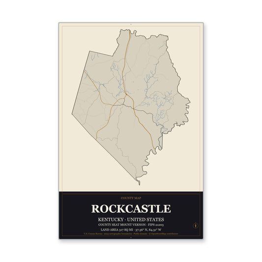 Rockcastle County, Kentucky Map Aluminum Sign in Museum Plaque style