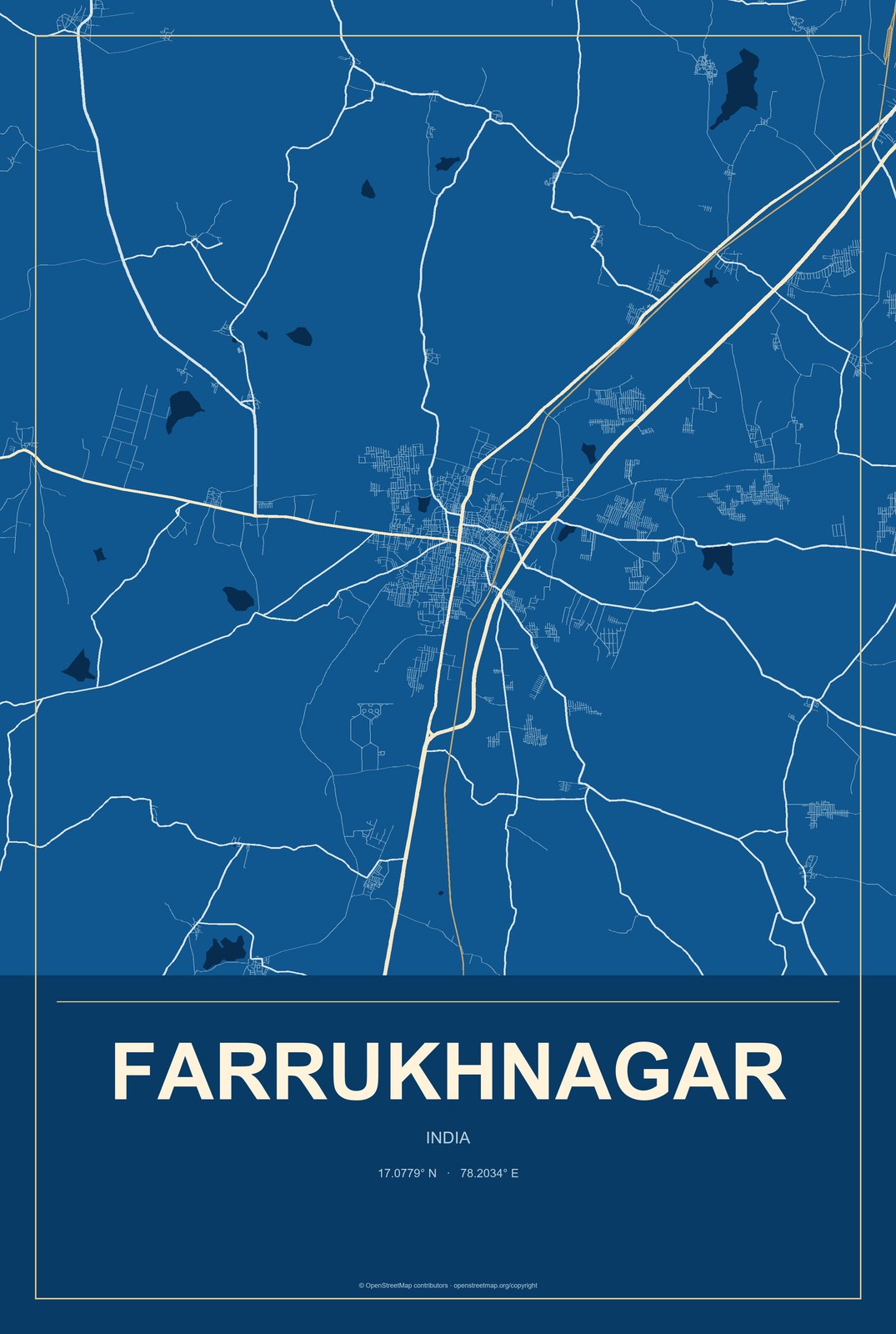 Farrukhnagar, Telangana, India City Map Aluminum Sign in Harbor Cobalt style