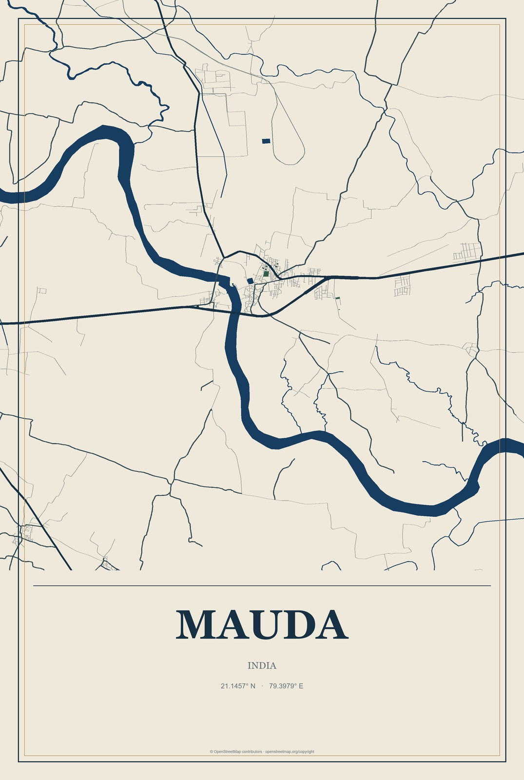 Mauda, India City Map Aluminum Sign in Coastal Cutout style