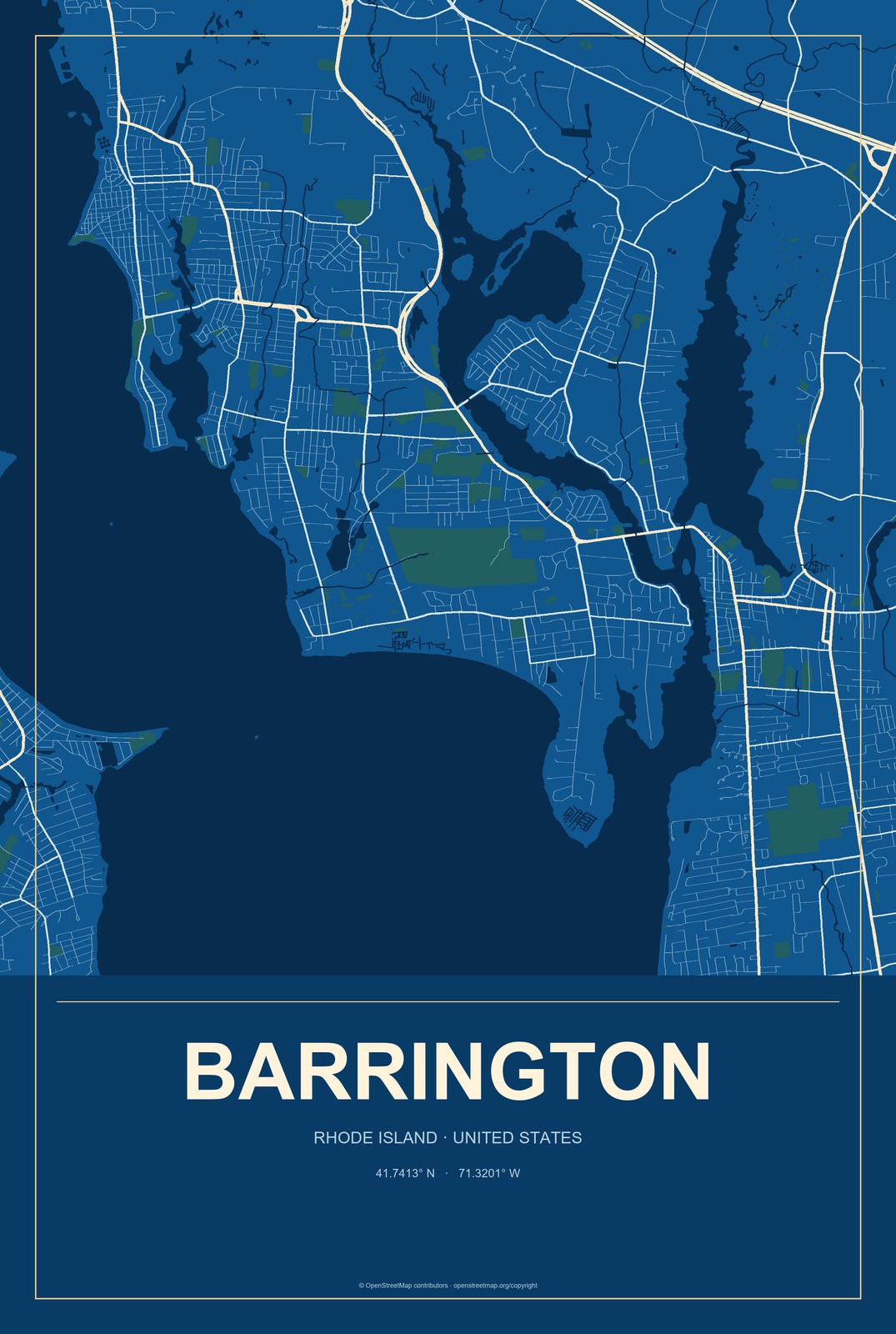 Barrington, Rhode Island City Map Aluminum Sign in Harbor Cobalt style