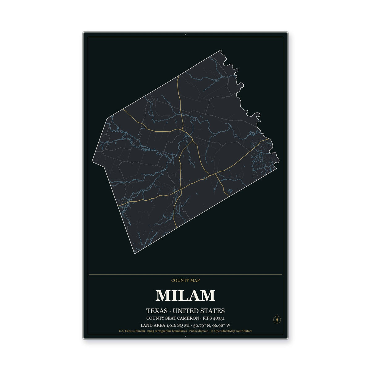 Milam County, Texas Map Aluminum Sign in Metropolitan Noir style