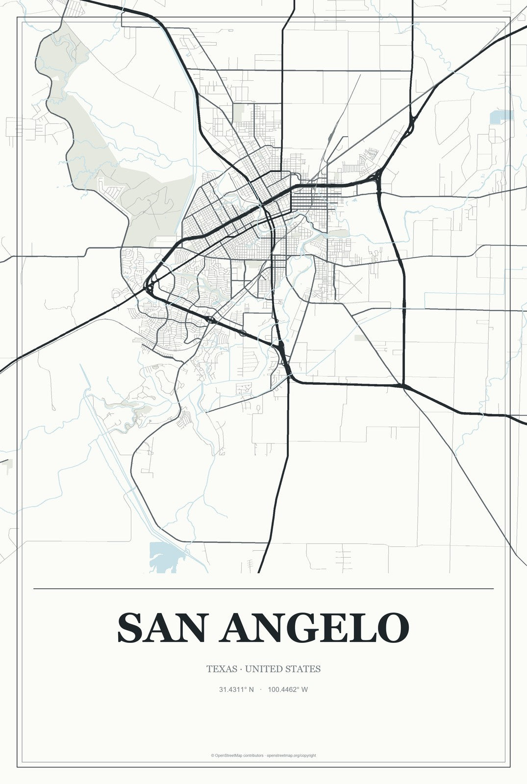San Angelo, Texas City Map Aluminum Sign in Gallery Air style