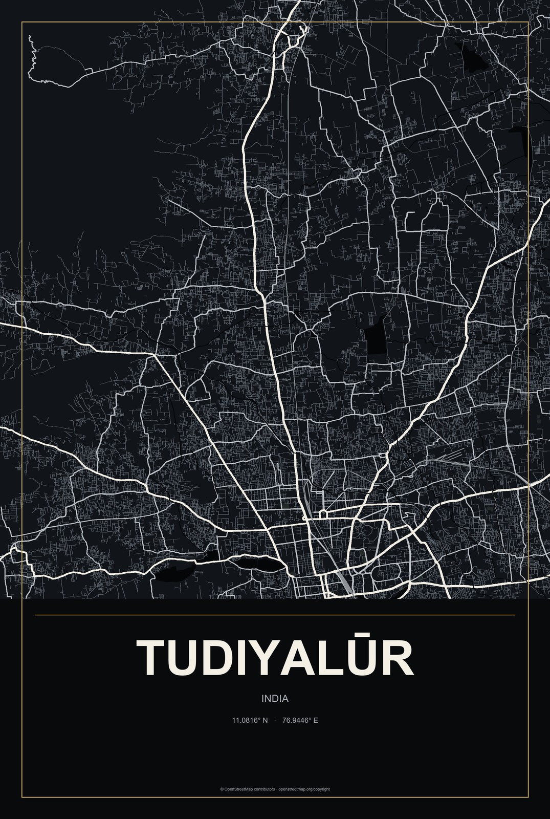 Tudiyalūr, India City Map Aluminum Sign in Metropolitan Noir style