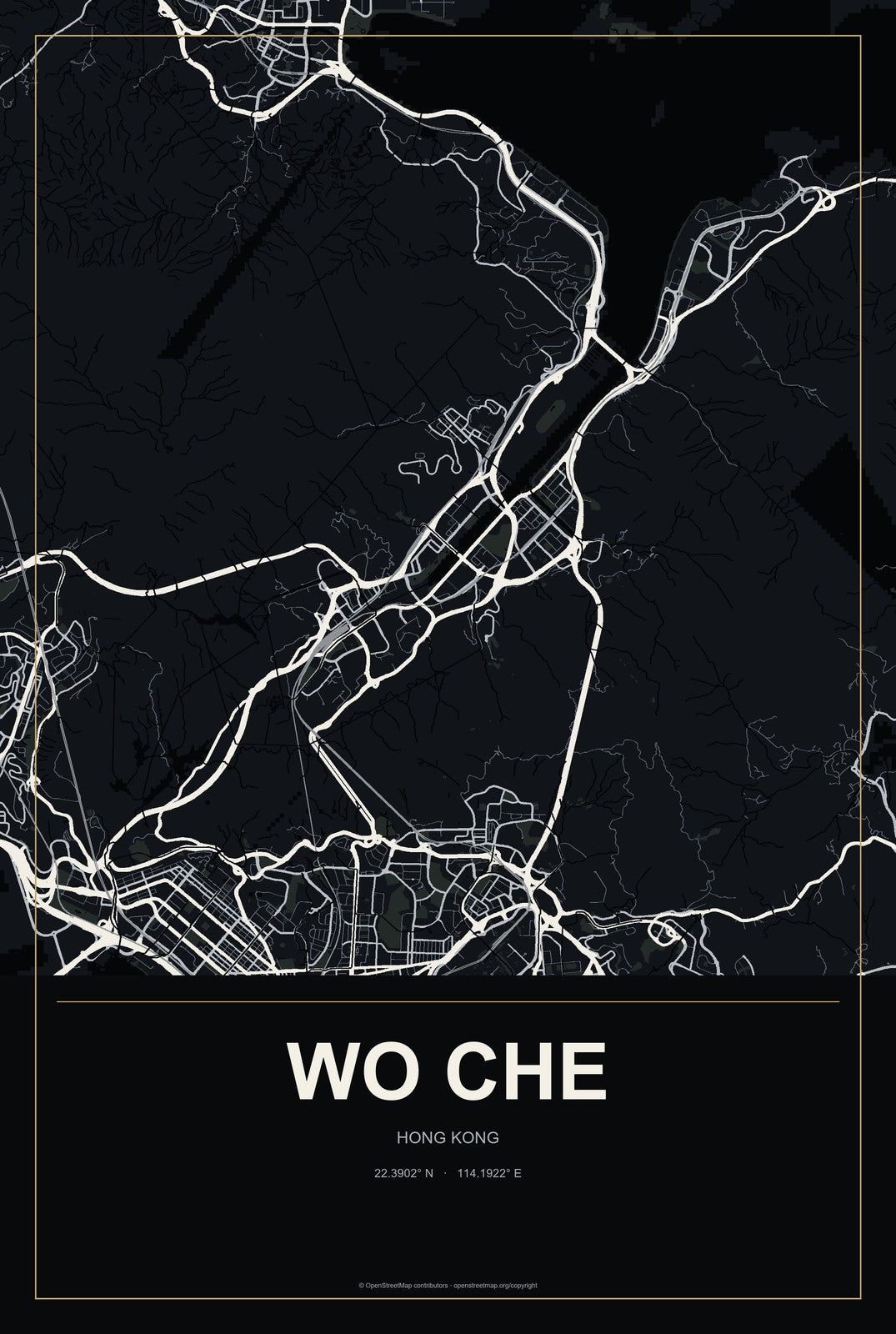 Wo Che, Hong Kong City Map Aluminum Sign in Metropolitan Noir style
