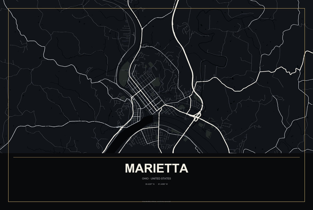 Marietta, Ohio City Map Aluminum Sign in Metropolitan Noir style