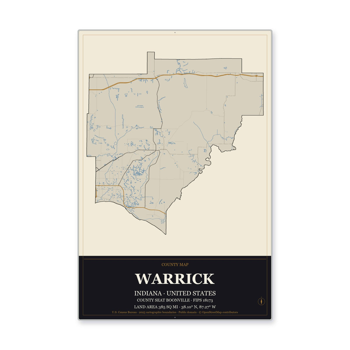 Warrick County, Indiana Map Aluminum Sign in Museum Plaque style