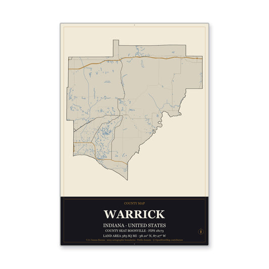 Warrick County, Indiana Map Aluminum Sign in Museum Plaque style
