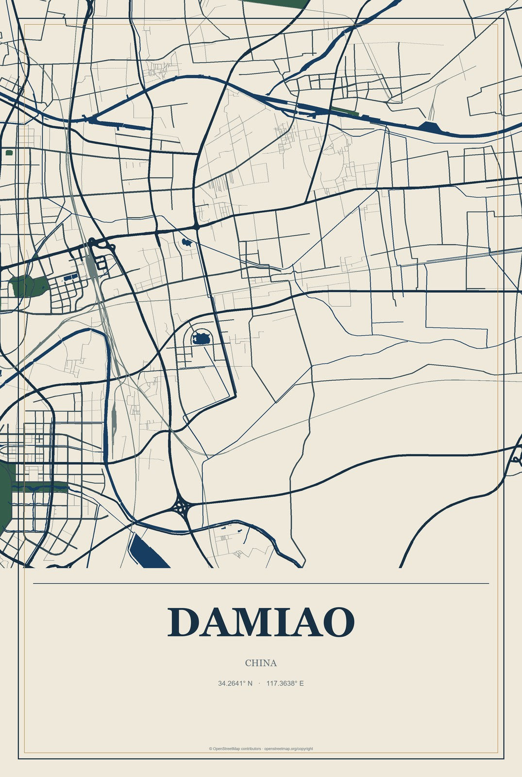 Damiao, Chongqing, China City Map Aluminum Sign in Coastal Cutout style