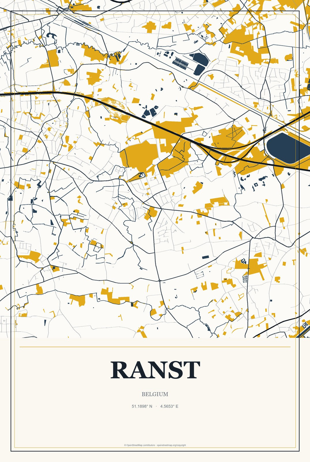 Ranst, Belgium City Map Aluminum Sign in Citrine Modern style