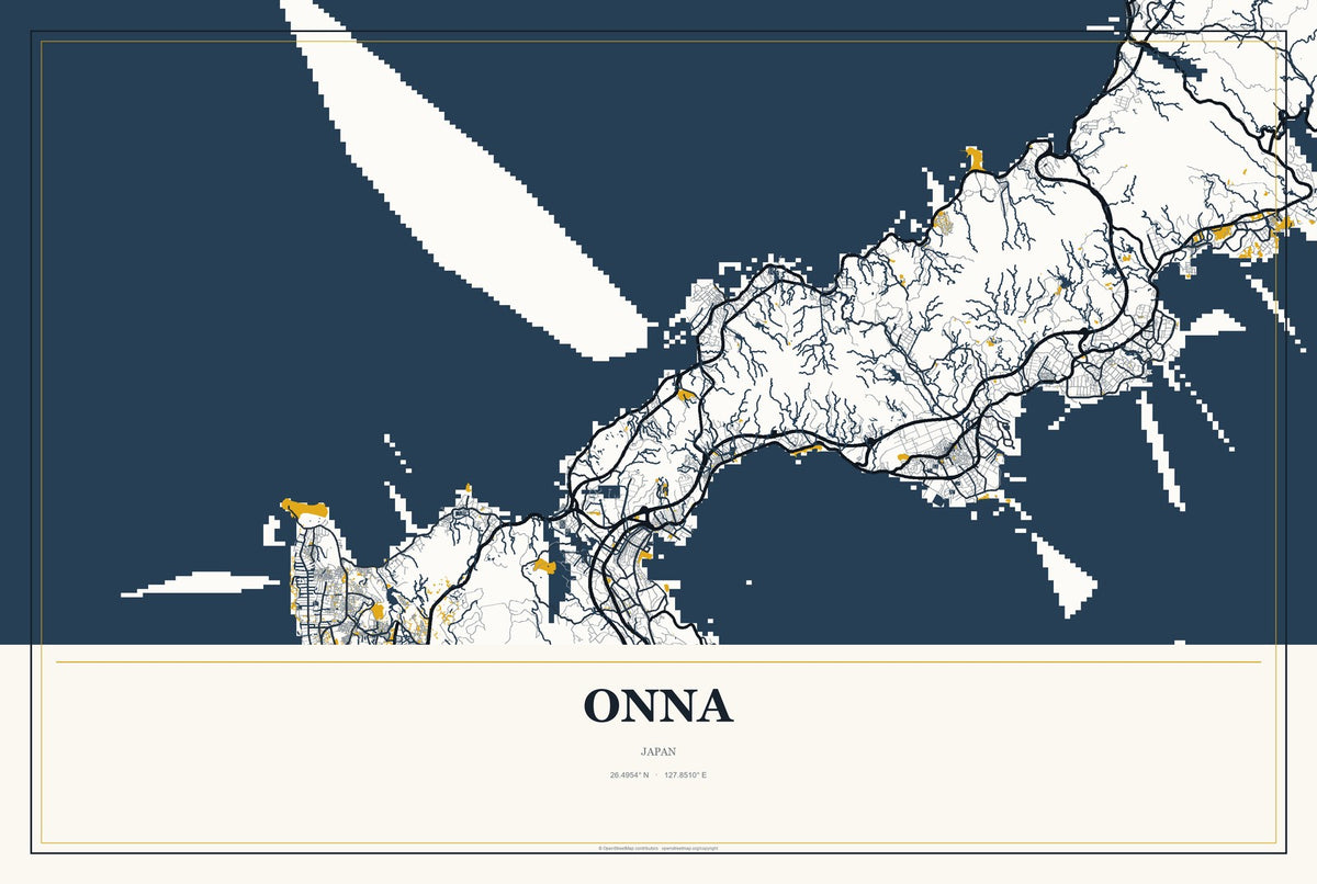 Onna, Japan City Map Aluminum Sign in Citrine Modern style