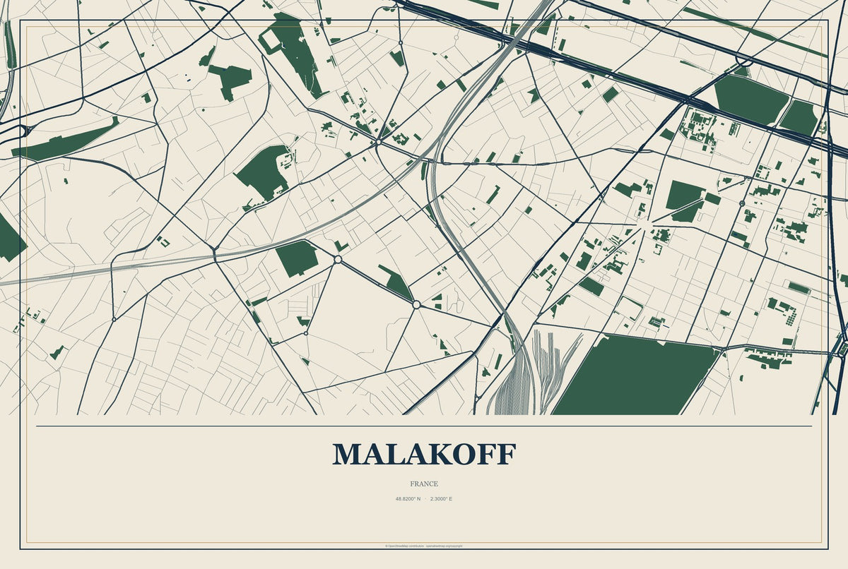 Malakoff, France City Map Aluminum Sign in Coastal Cutout style
