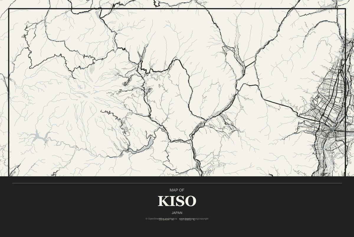 Kiso, Japan City Map Aluminum Sign in Museum Plaque style
