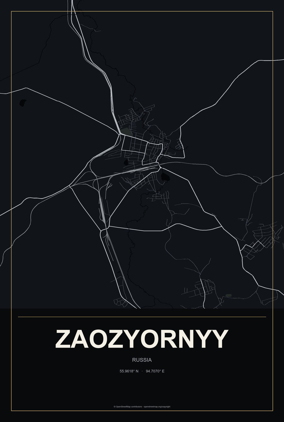 Zaozyornyy, Russia City Map Aluminum Sign in Metropolitan Noir style