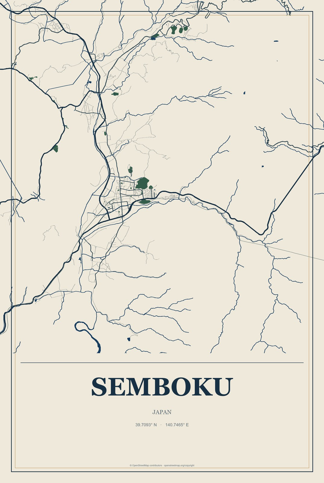 Semboku, Japan City Map Aluminum Sign in Coastal Cutout style