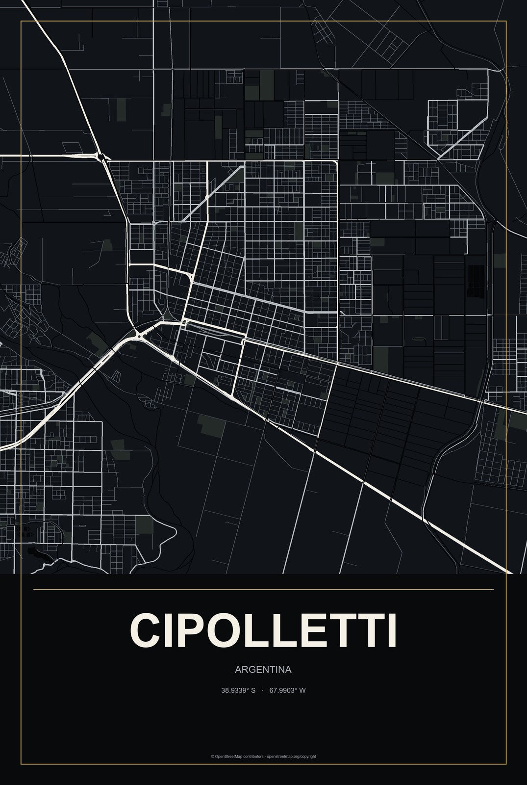 Cipolletti, Argentina City Map Aluminum Sign in Metropolitan Noir style