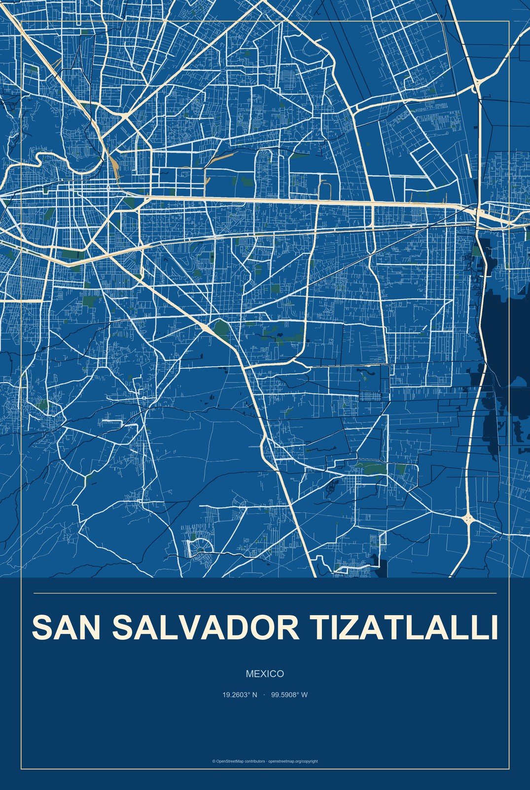 San Salvador Tizatlalli, Mexico City Map Aluminum Sign in Harbor Cobalt style