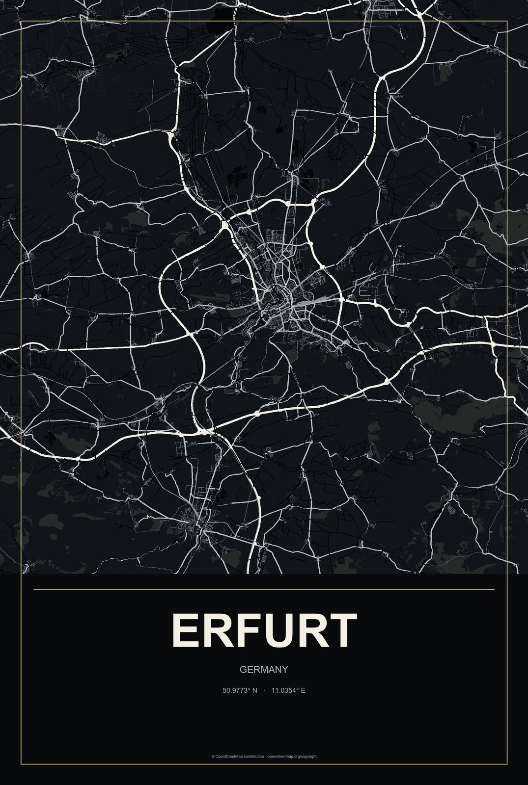 Erfurt, Germany City Map Aluminum Sign in Metropolitan Noir style