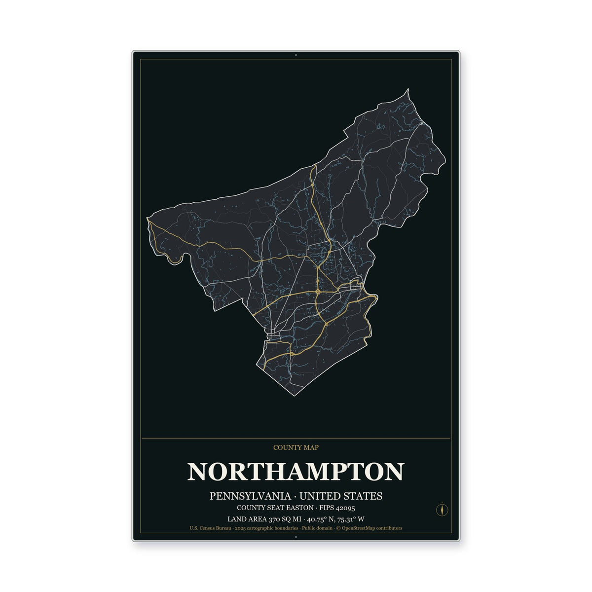 Northampton County, Pennsylvania Map Aluminum Sign in Metropolitan Noir style