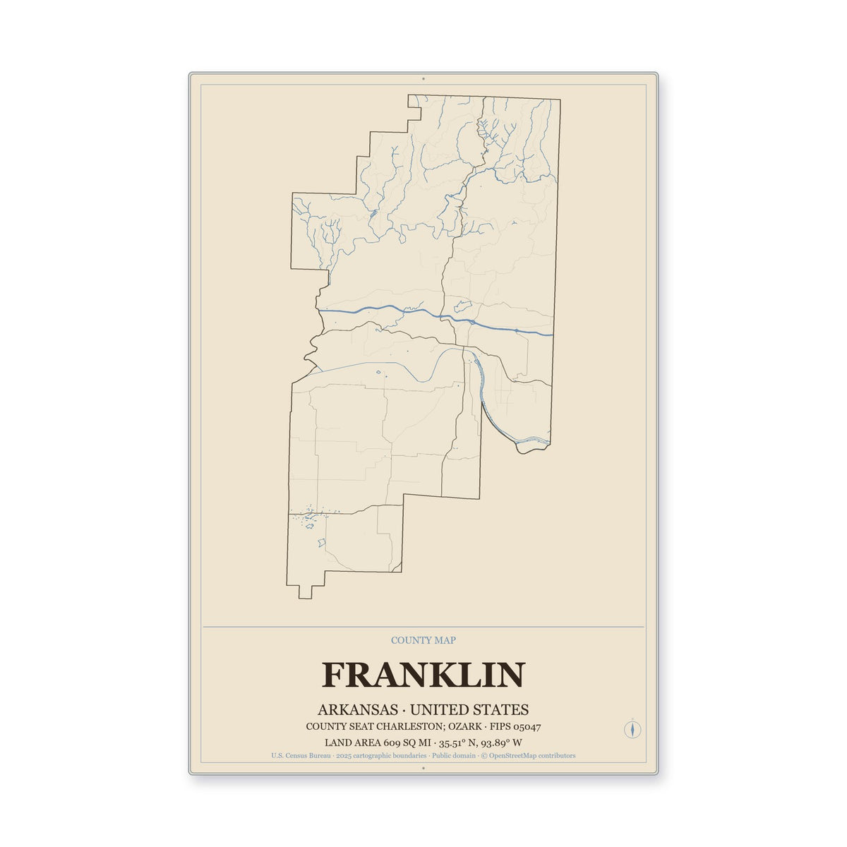Franklin County, Arkansas Map Aluminum Sign in Heritage Nautical style