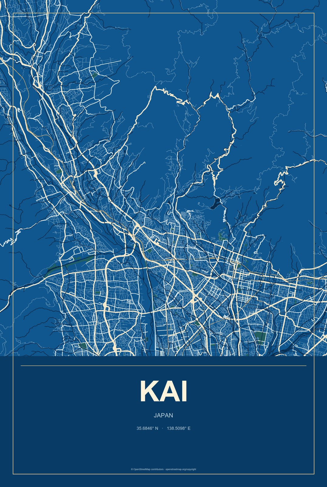 Kai, Japan City Map Aluminum Sign in Harbor Cobalt style