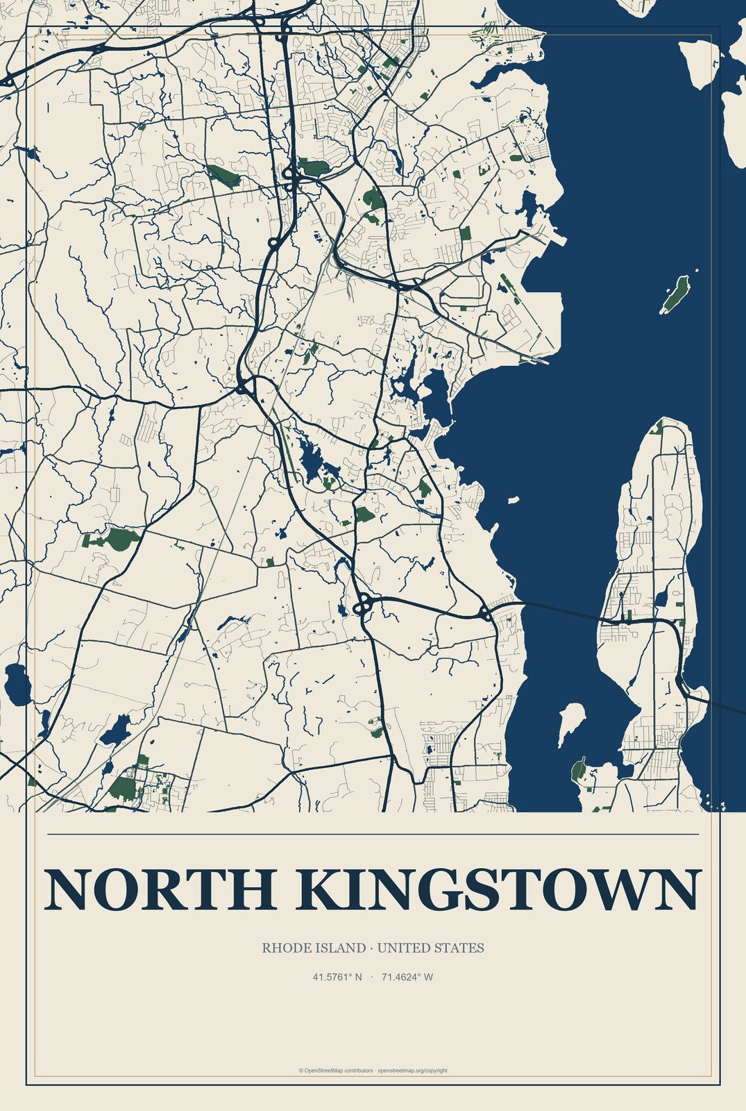 North Kingstown, Rhode Island City Map Aluminum Sign in Coastal Cutout style