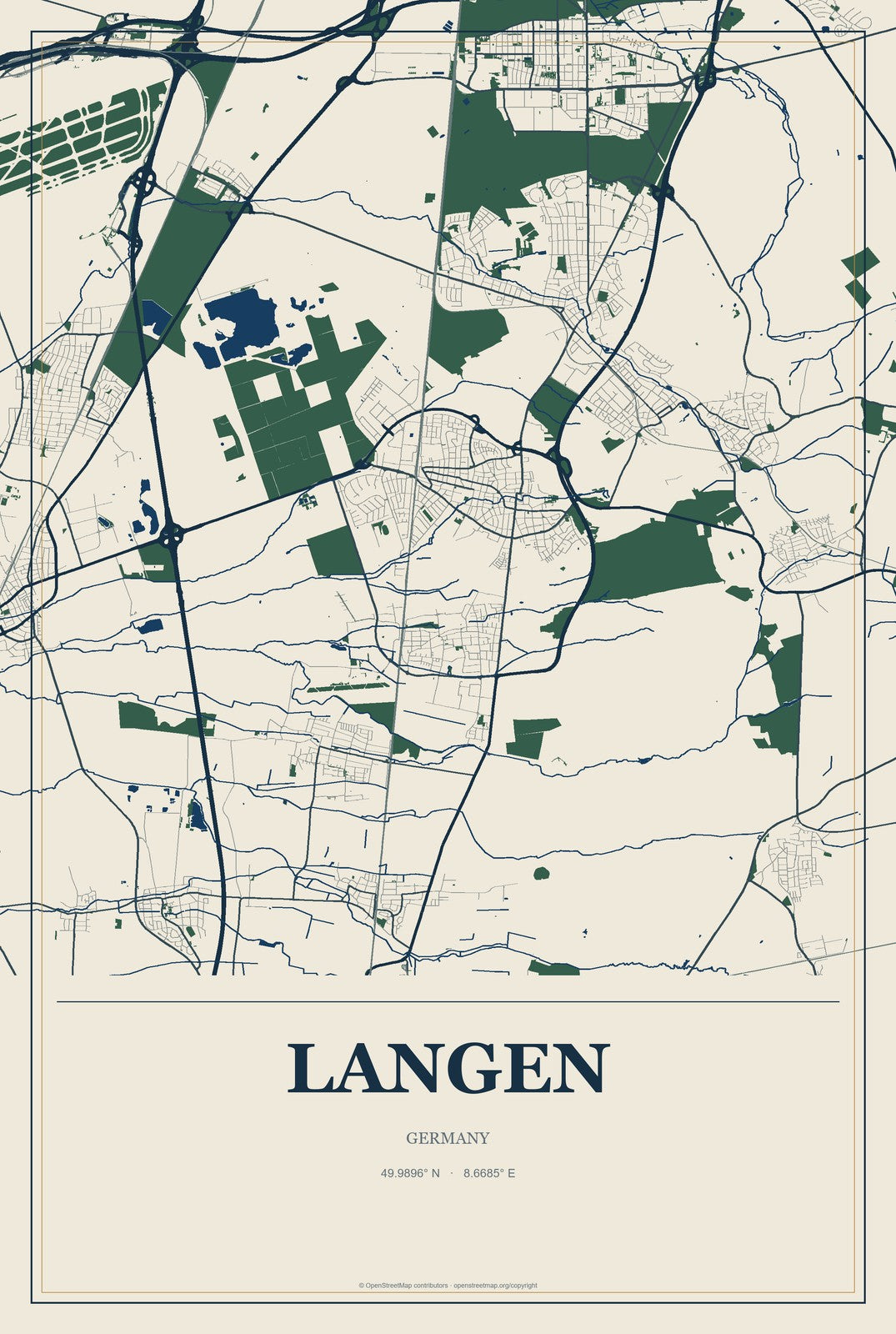 Langen, Hesse, Germany City Map Aluminum Sign in Coastal Cutout style