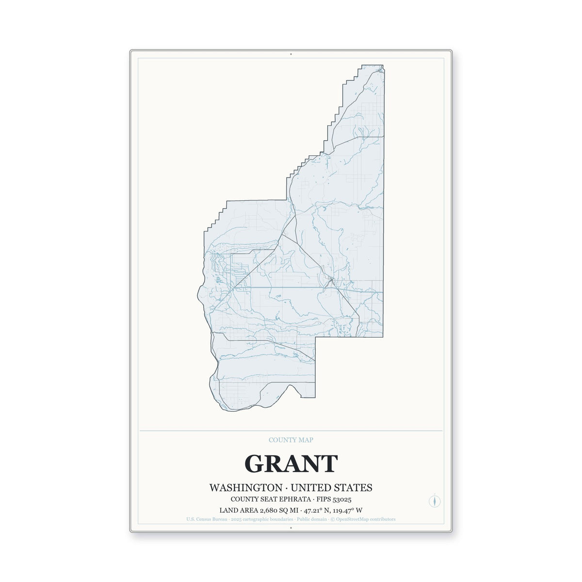 Grant County, Washington Map Aluminum Sign in Gallery Air style
