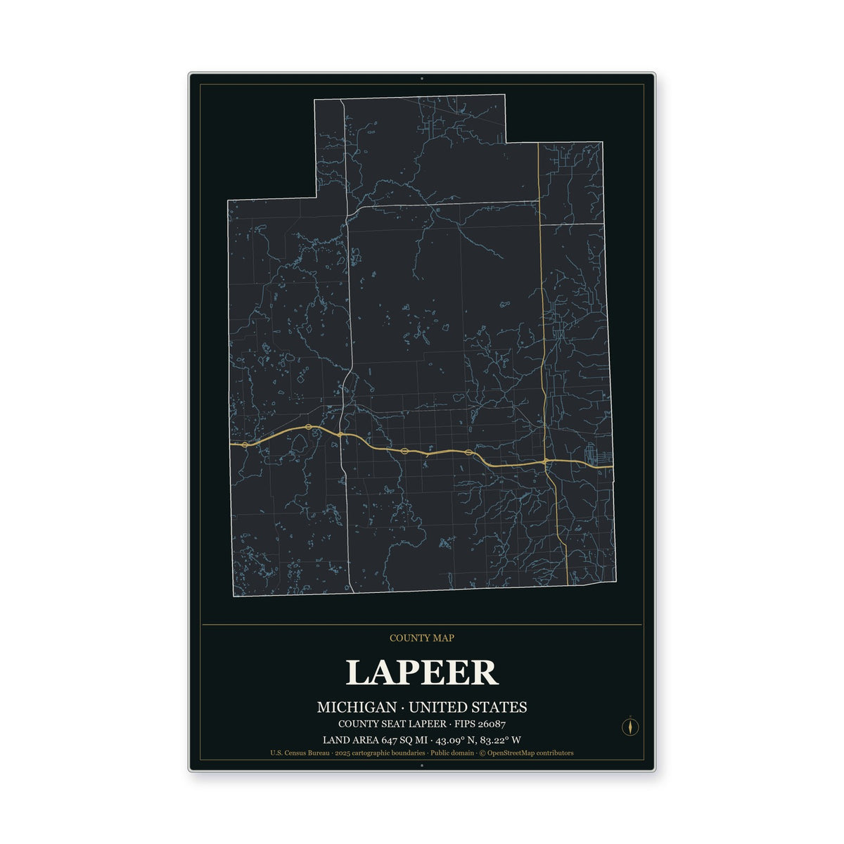 Lapeer County, Michigan Map Aluminum Sign in Metropolitan Noir style