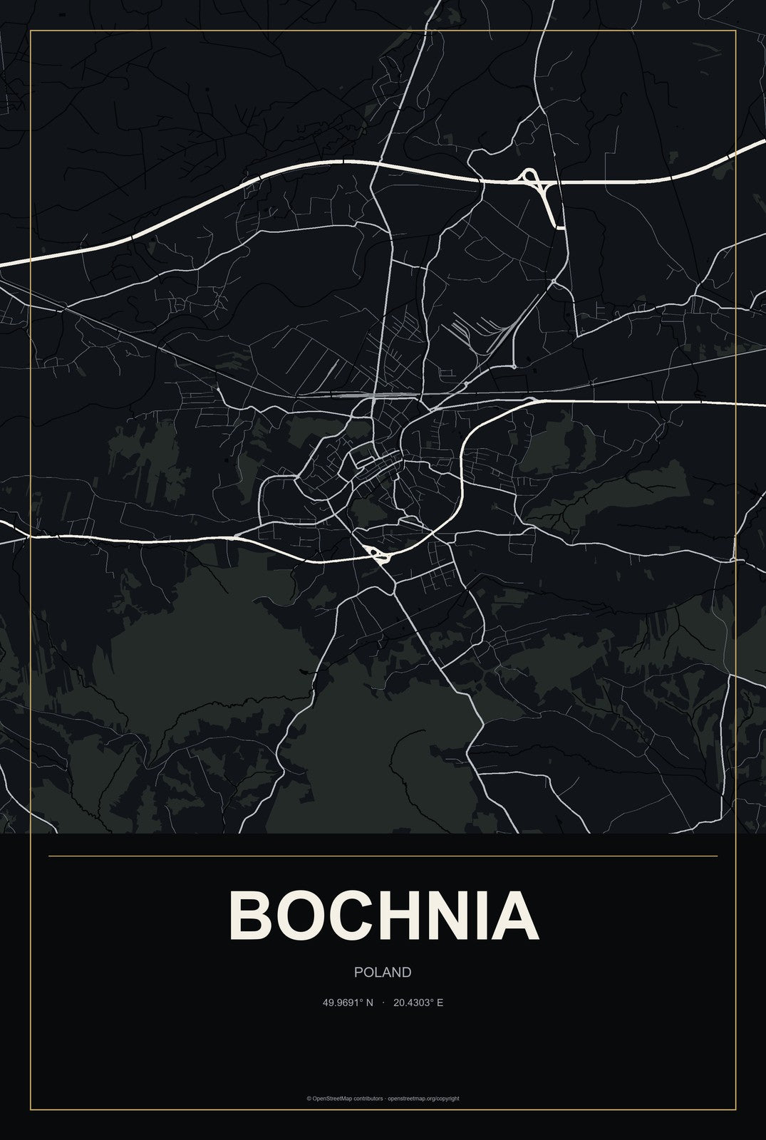 Bochnia, Poland City Map Aluminum Sign in Metropolitan Noir style
